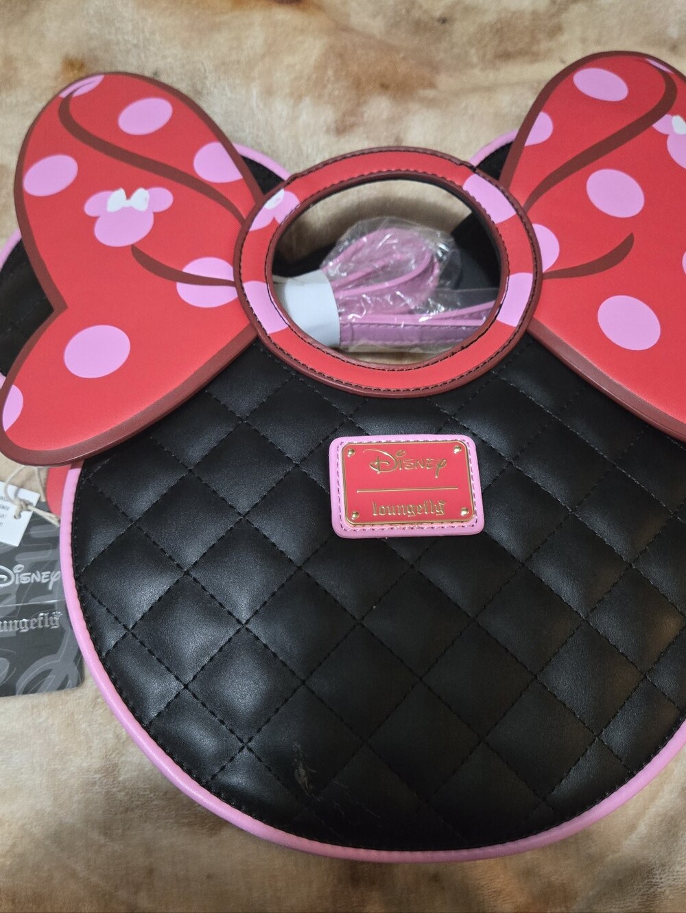 Loungefly Black Quilted crossbody bag with Pink Polka Dot Minnie Bow